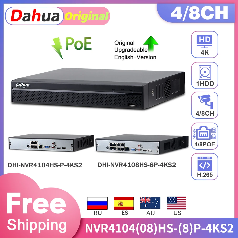 

Dahua NVR POE 4K Video Recorder 4CH 8CH Canais NVR4104HS-P-4KS2 NVR4108HS-8P-4KS2 Multi-Language IVS HD 8MP For IP Camera