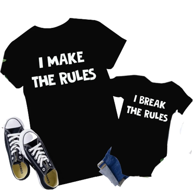 Ropa a juego para la familia, Camiseta de algod&oacute;n de aspecto familiar, pap&aacute;, mam&aacute;, ni&ntilde;os, beb&eacute;, I MAKE RULES I BREAK RULES, camiseta de aspecto familiar-0