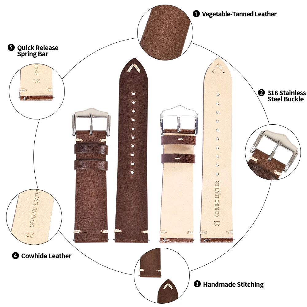 BEAFIRY New Quick Release Watch Band 18mm 19mm 20mm 22mm Vegetable-Tanned Leather Strap Watchband Dark Brown Black Yellow