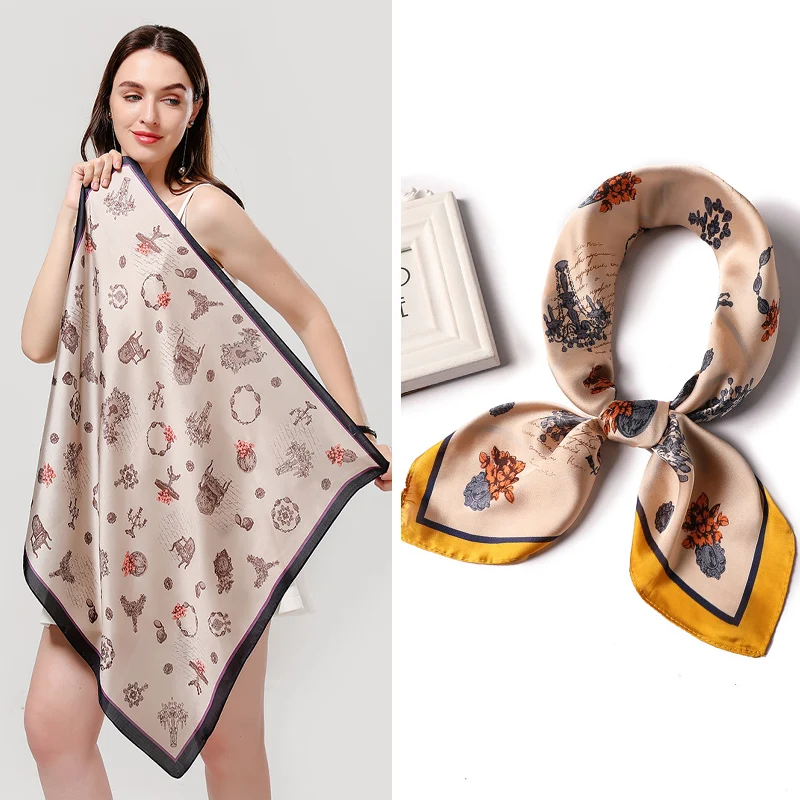 

2022 New Brand Women Silk Scarf Square Neck Hijabs Small Size Official Lady Foulard Bandana Shawls Scarves 70*70cm