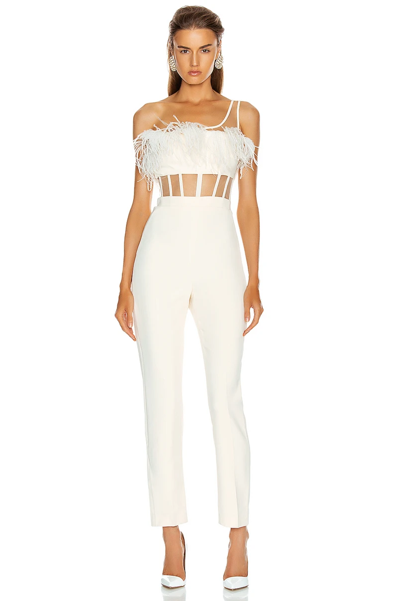 New Arrival White Jumpsuit New Fashion Feathers Hollow Out Jumpsuits Celebrity Party Night Jumpsuit Mono