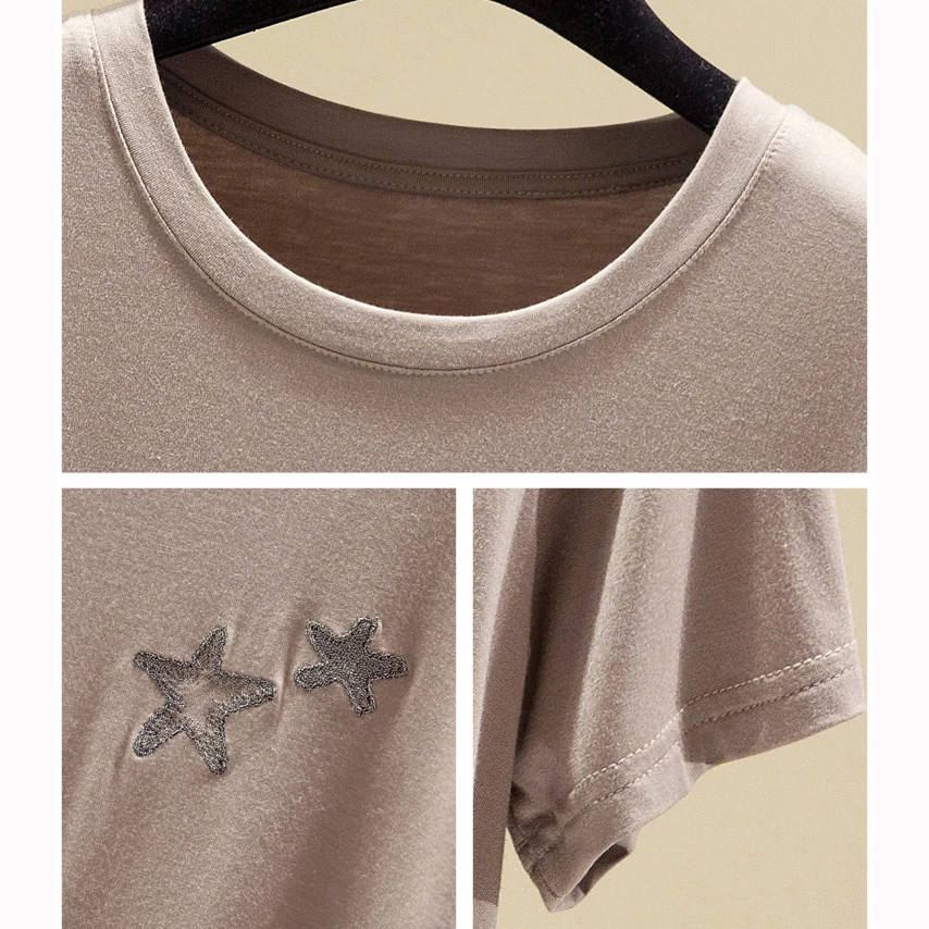

WWENN Short Sleeve T-shirts Women Summer Modal Cotton Embroidery Five Star Casual Tees Shirt Femme Tops Female Basic Tshirts