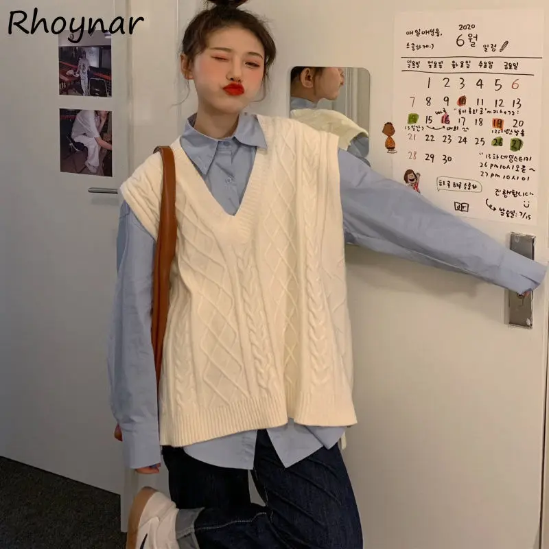 

Sets Women Sweater Vests and Shirts Solid Casual Loose Single Breasted Spring Autumn Students Ulzzang Chic Female Streetwear new