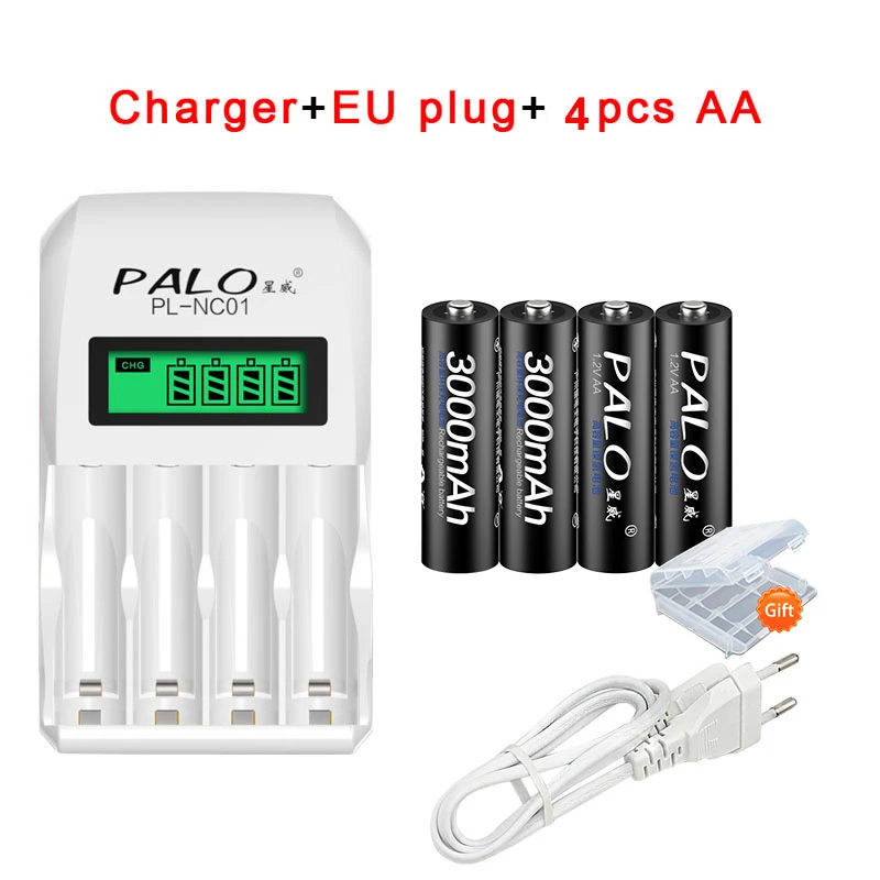 4 шт. AA батареи, перезаряжаемые батареи 1,2 V AA 3000mAh Ni-MH Предварительно заряженный аккумулятор 2A батареи для камеры фонарик - Цвет: 4pcs AA charger EU