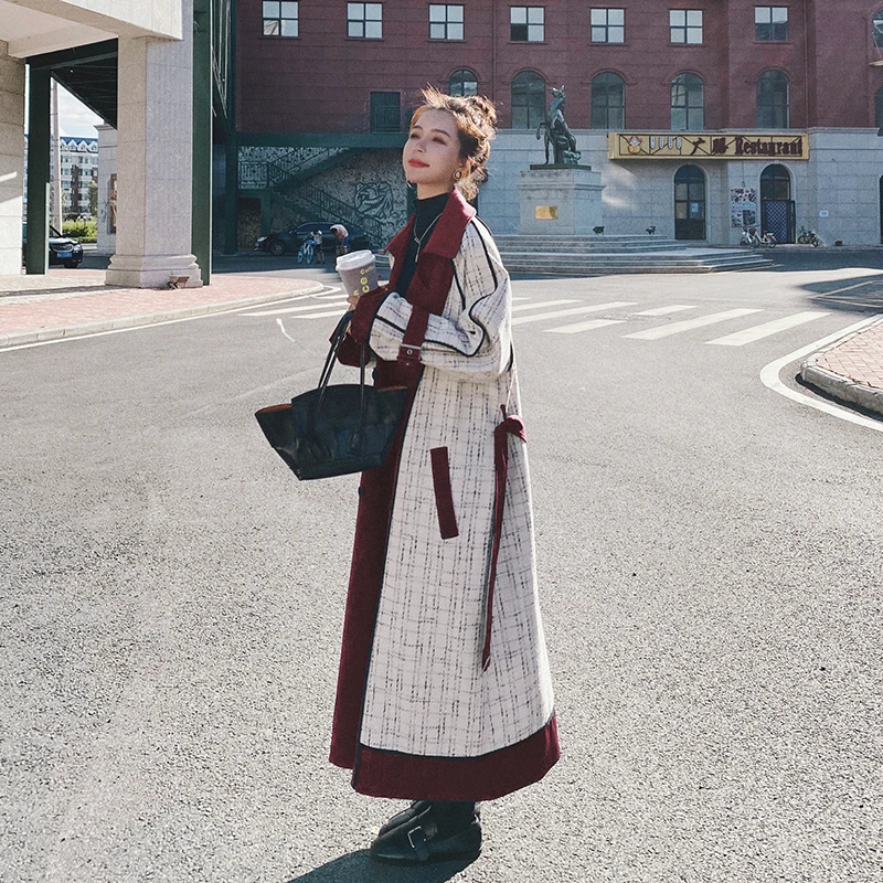 

2021 Spring Women Fashion Stitching Color Contrast Trench Coat Plaid Patchwork Casual Loose Long Windbreaker Outwear Tops