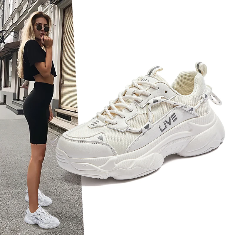 

Кроссовки женские кожаные на платформе, повседневная обувь на массивной толстой подошве, прогулочная обувь, на танкетке, белые, весна 2021