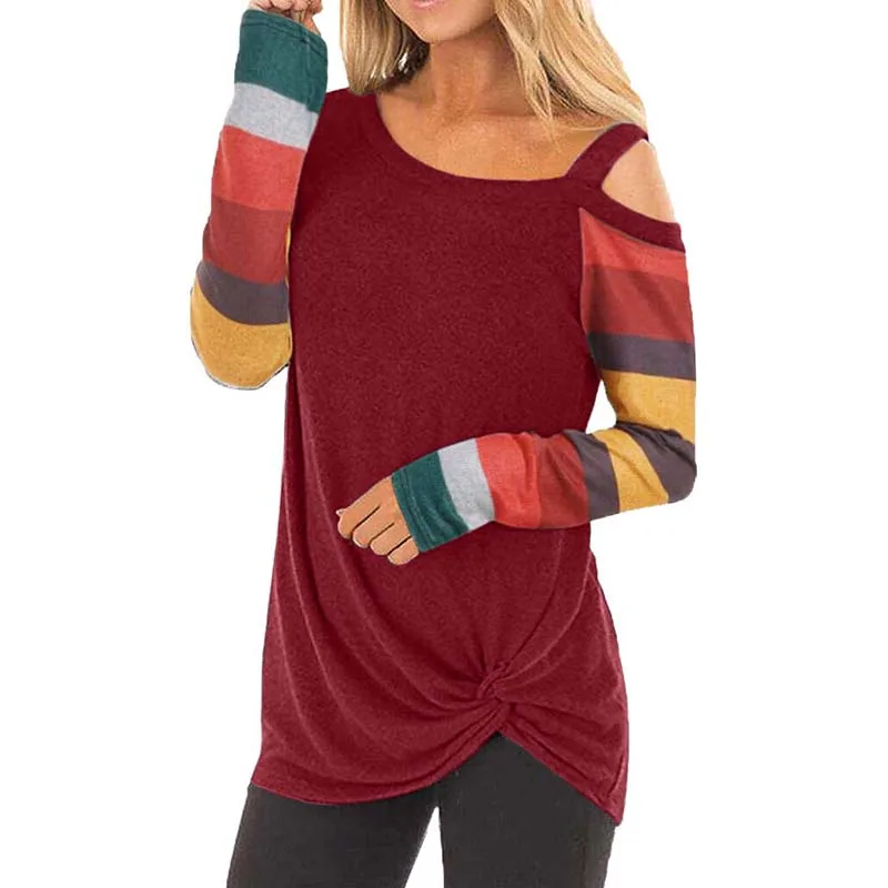 

Autumn Winter Women Striped Lon Sleeve Skew Collar T Shirt Stitching Street Loose Large Size Women Top