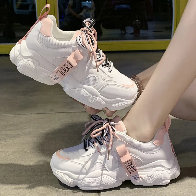 Женская Вулканизированная обувь кроссовки на массивном каблуке розовые для папы