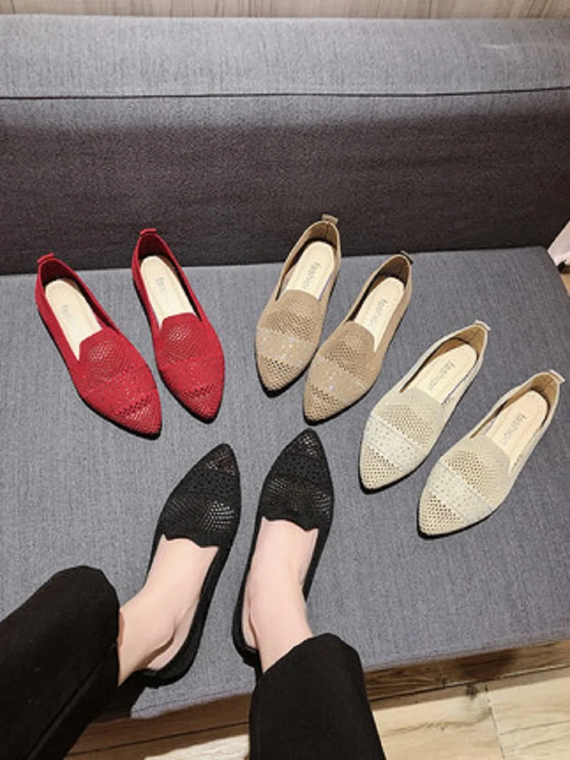 

Fashion Pointed Toe All-Match Shallow Mouth Ladies Single Shoes Spring And Summer New Knitted Breathable Casual Shoes