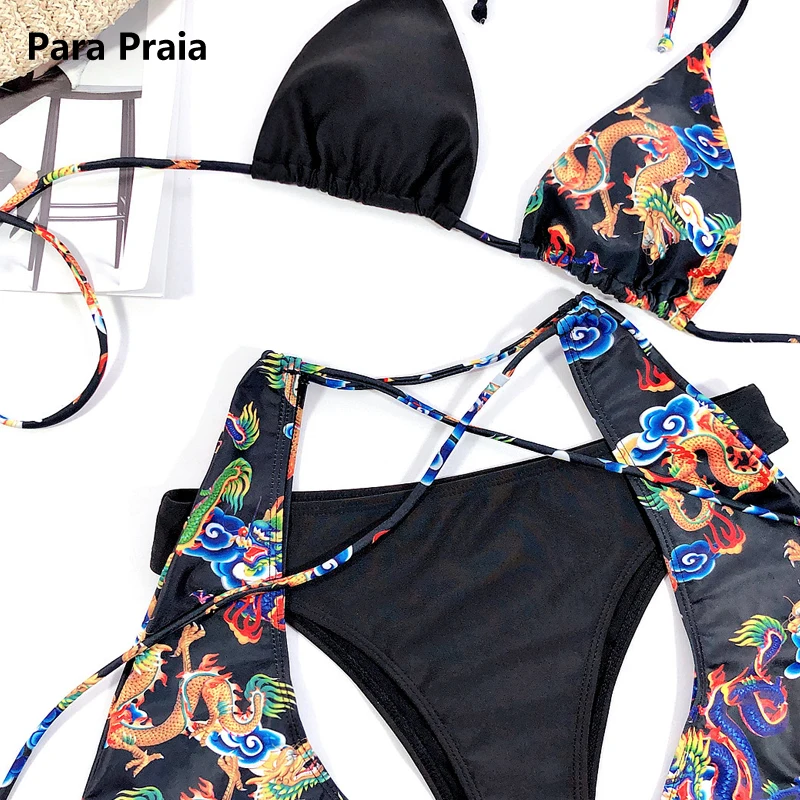 Купальник бикини женский летний из 3 предметов с цветочным принтом и завышенной