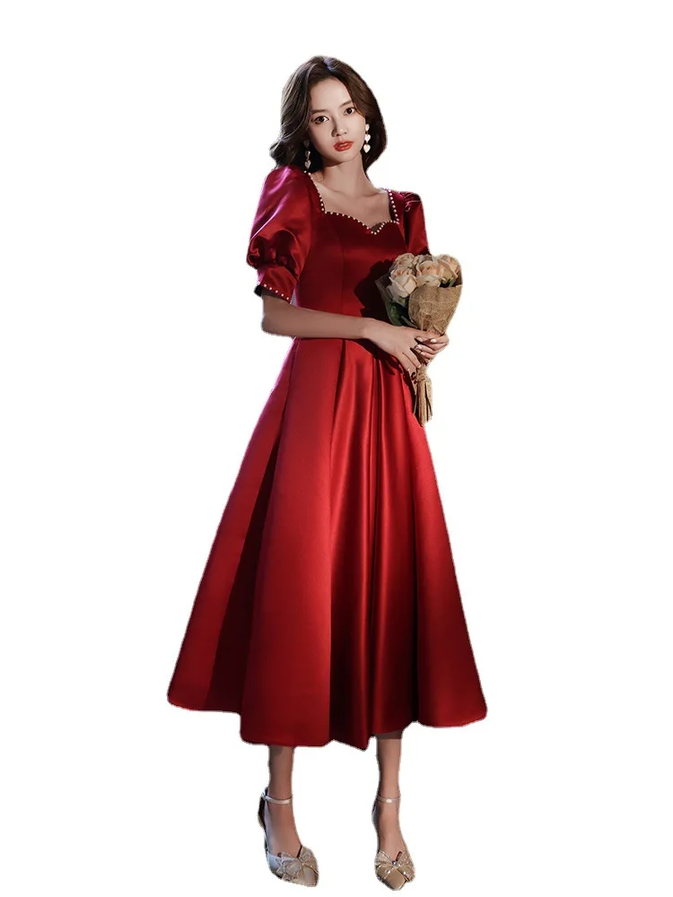 

Womens Satin Puff Short Sleeves Beads Square Neck Long Bridal Dress Slim Gown