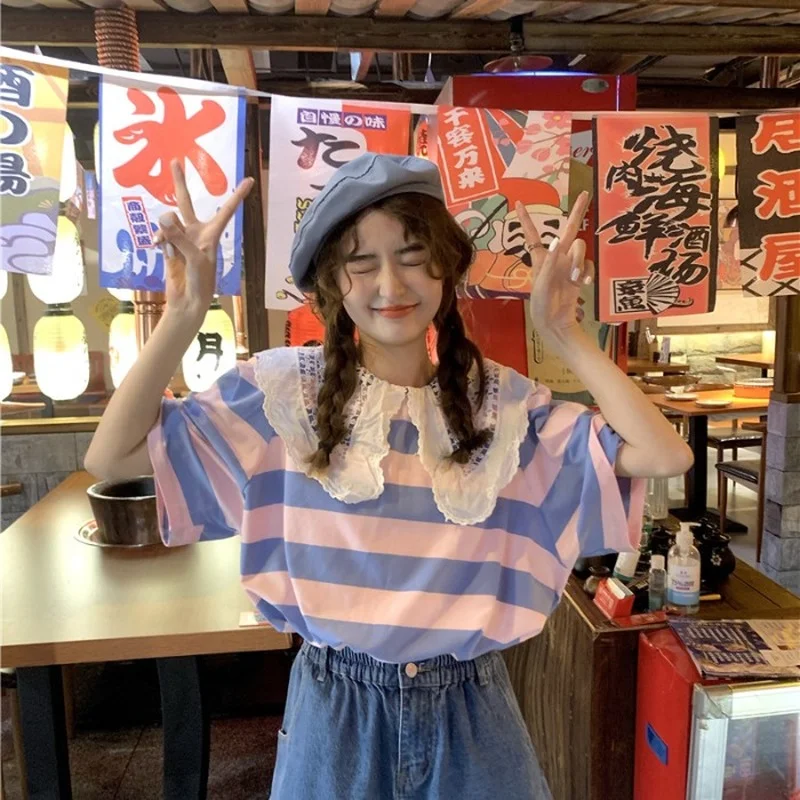 

New Striped Summer Preppy Style T Shirts Loose Ladies Tops Hollow Out Korean Clothes Fashion Female Tees Peter Pan Collar