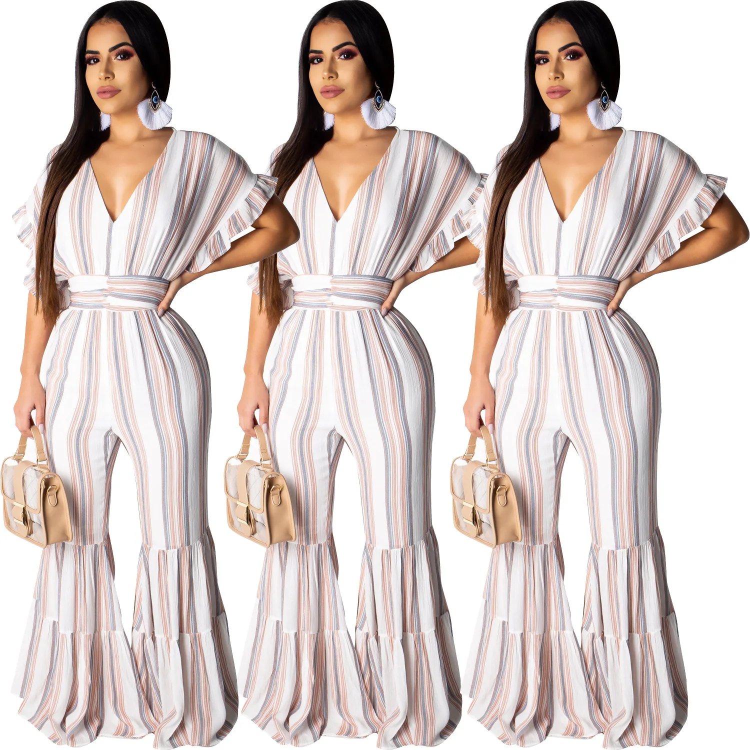 Женский комбинезон с принтом в полоску пляжный высокой талией и широкими