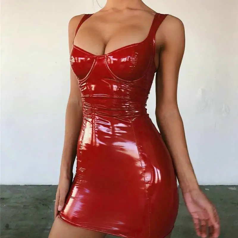 

Pu Leather Dress Women Spaghetti Strap Dress Sexy Club Party Dresses Sleeveless Pencil Mini Dress Bodycon Vestidos