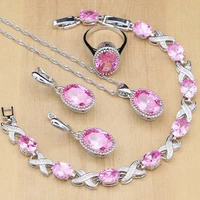 925 sterling silver jewelry sets pink cubic zirconia earrings for women pendant rings bracelet with stone necklace set