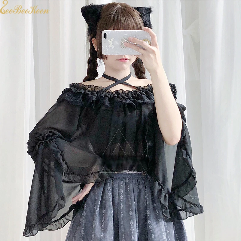 

Women Summer Chiffon Shirt Lace Bubble Sleeve Tops Anime Cosplay Costume Adult Lolita Inner Clothes Girls Sweet Lolita Costume