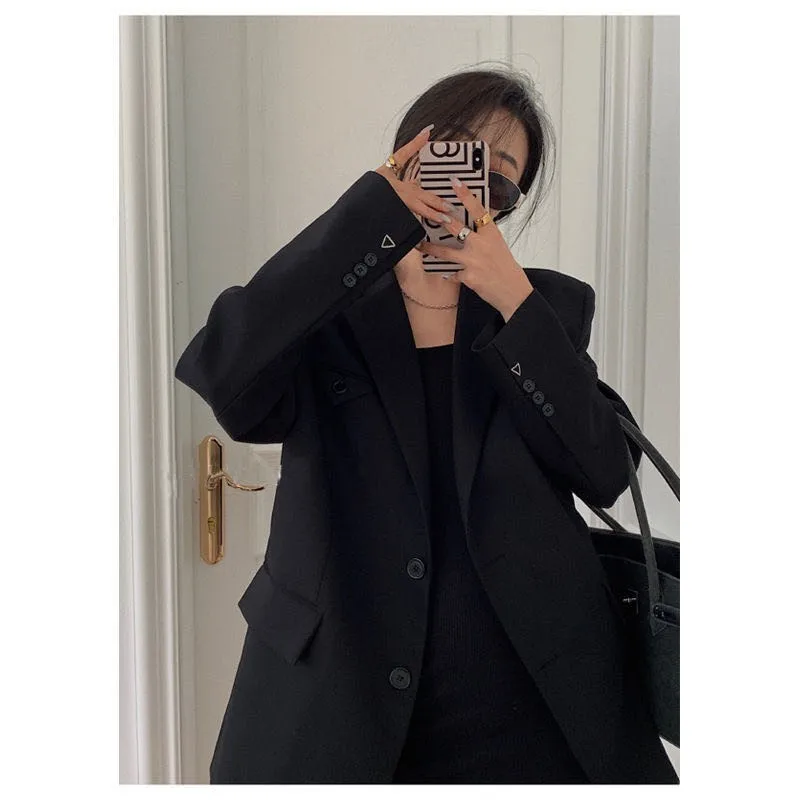 

High Quality New Spring Autumn Women Double Breasted Blazer Korean Black Loose Women Blazers And Jackets Ladies Office Coat Long