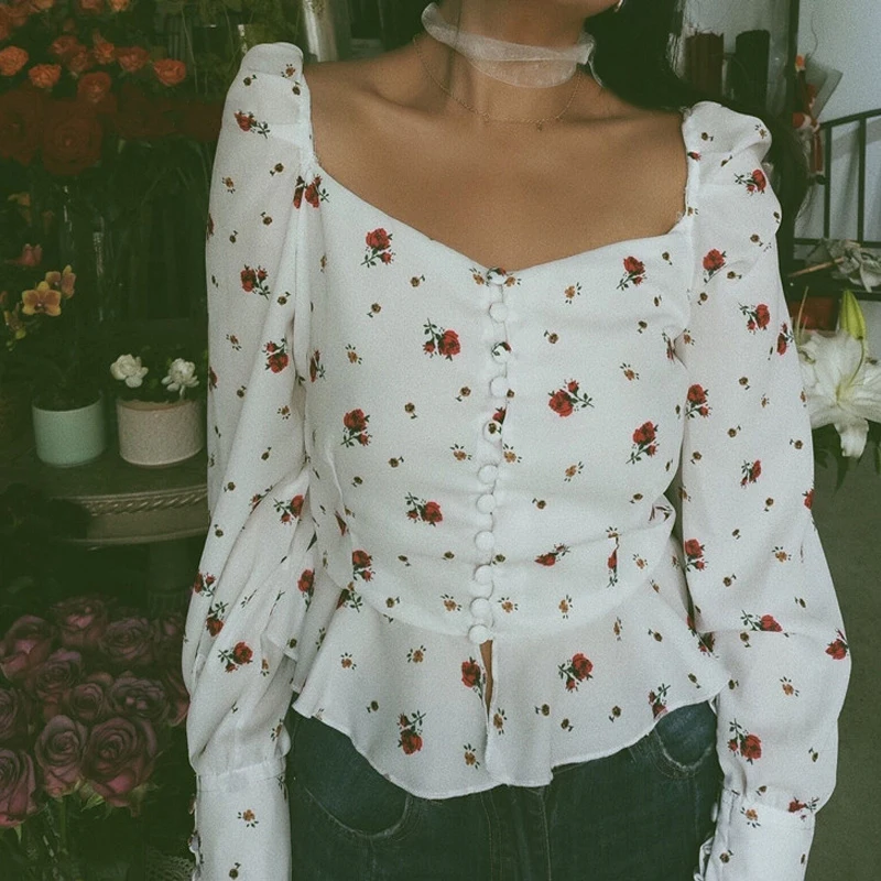 2021 Для женщин и вырезом сердечком Цветочный принт блузка с оборками по краям в