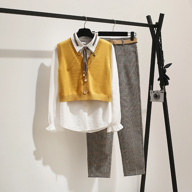 Женский Комплект из 3-х предметов элегантный желтый Трикотажный жилет с