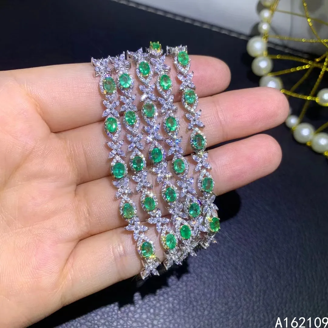 

Fine Jewelry 925 Sterling Silver Inset With Natural Gemstones Women's Luxury Exquisite Plant Emerald Hand Bracelet Chain Support