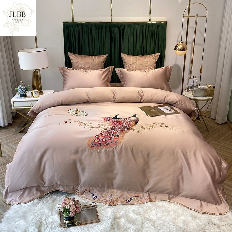 

champagne Luxury 100S Satin Silk Cotton oriental Peacocks Embroidery Bedding Set Duvet Cover Bed Linen Fitted Sheet Pillowcases