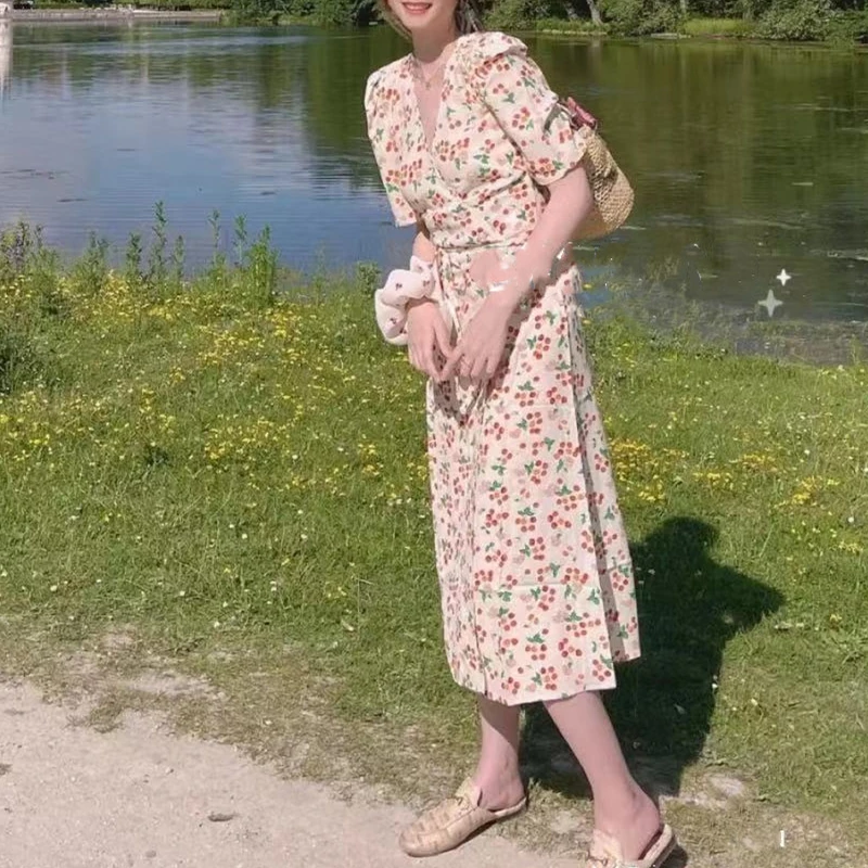 

Women Cherry Print Dress Short Sleeve V-Neck Wrap 2021 Summer Ladies Waist Lace-Up Split Long Dress Mid-Calf for Holiday