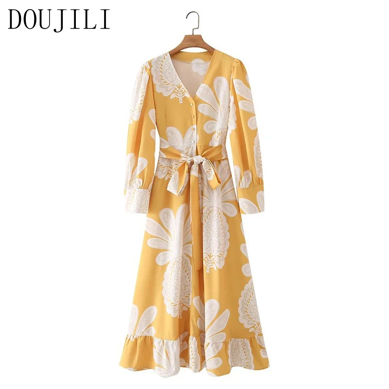 

DOUJILI Sweet Long Dress V Neck Big Flower Print Long Sleeve With A Belt Fashion Office Ladies Dresses 2021 New