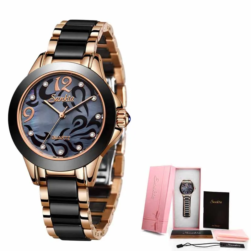 Rose gold SUNKTA Модные Простые Женские часы женские часы-браслет керамические кварцевые наручные часы водонепроницаемые часы Montre Femme+ коробка - Цвет: Rose gold