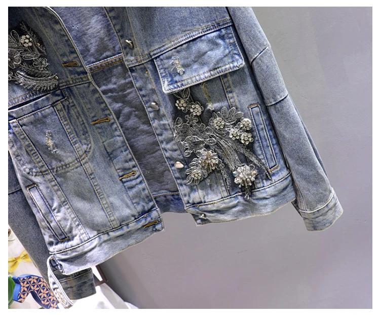 

Korean Fashion Cartoon Printed Long-Sleeved Denim Jacket Female Diamond Beaded Turn-Down Collar Single-Breasted Casual Jacket