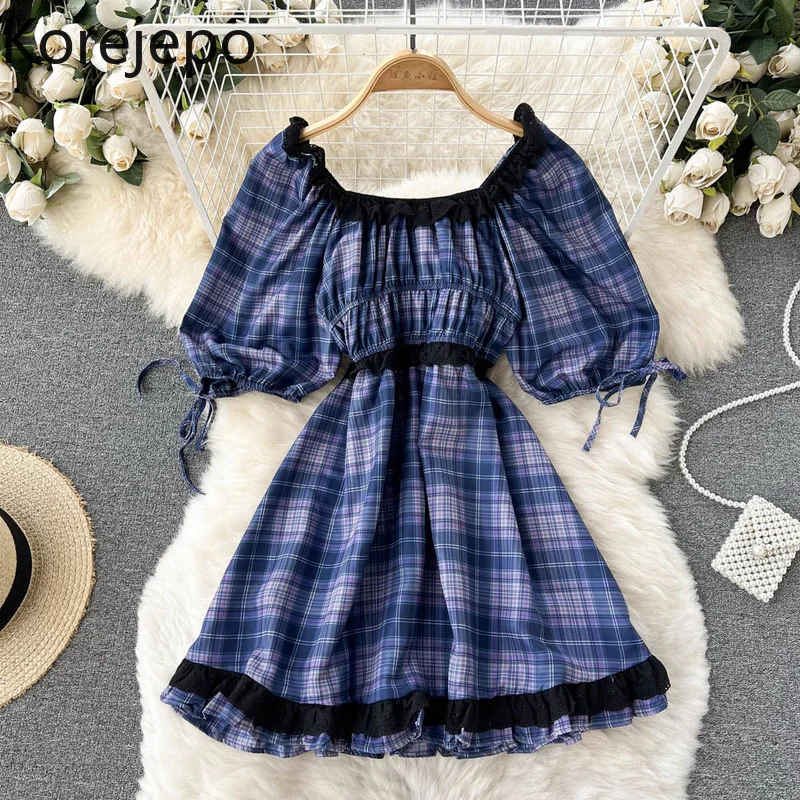 

Korejepo Plaid Dress Women Spring Antumn 2022 New Sweet Girl Square Neck High Waist Thin Age Reducing Puff Sleeve A-line Dresses