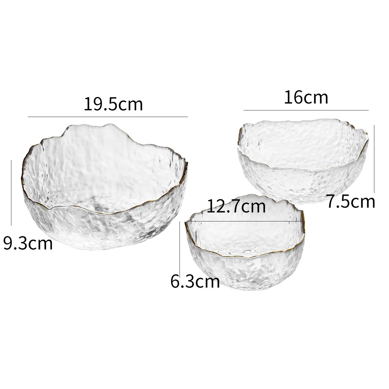 

3 Size Gold Glass Transparent Salad Bowl Household Tableware Student Noodle Soup Dessert Fruit Bowl Clear Serving Mixing Bowl