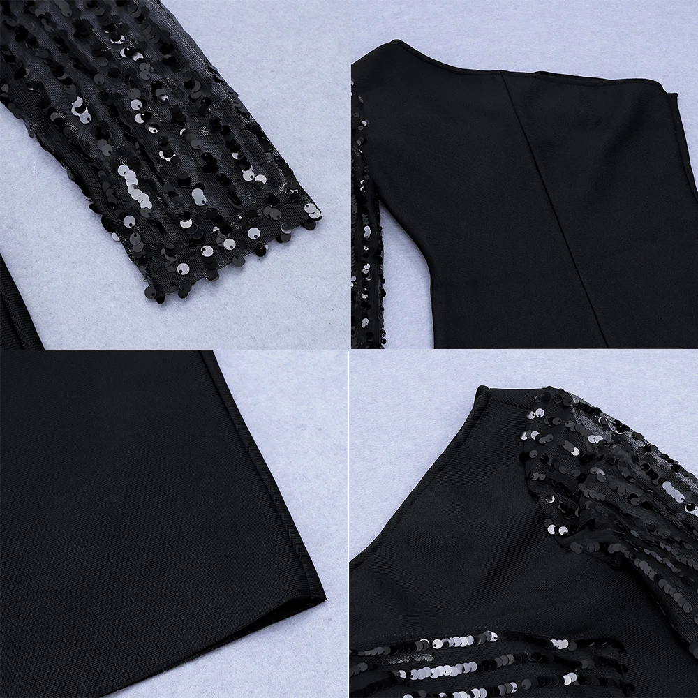 

2021 Spring Women's Bandage Fashion Black One Shoulder Long Sleeve Sequin Dress Bodycon Slim Mini Dress High Waist Vestidos