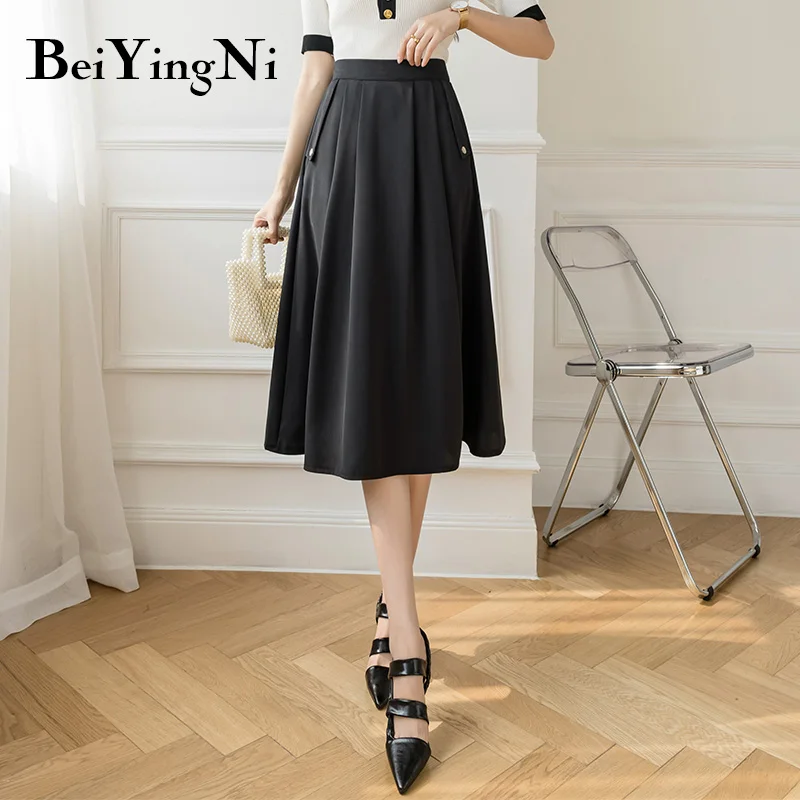 

Beiyingni Elastic High Waist Casual Pleated Skirts Womens Buttons Pockets Fashion Work Wear Retro Faldas Female Korean Clothes