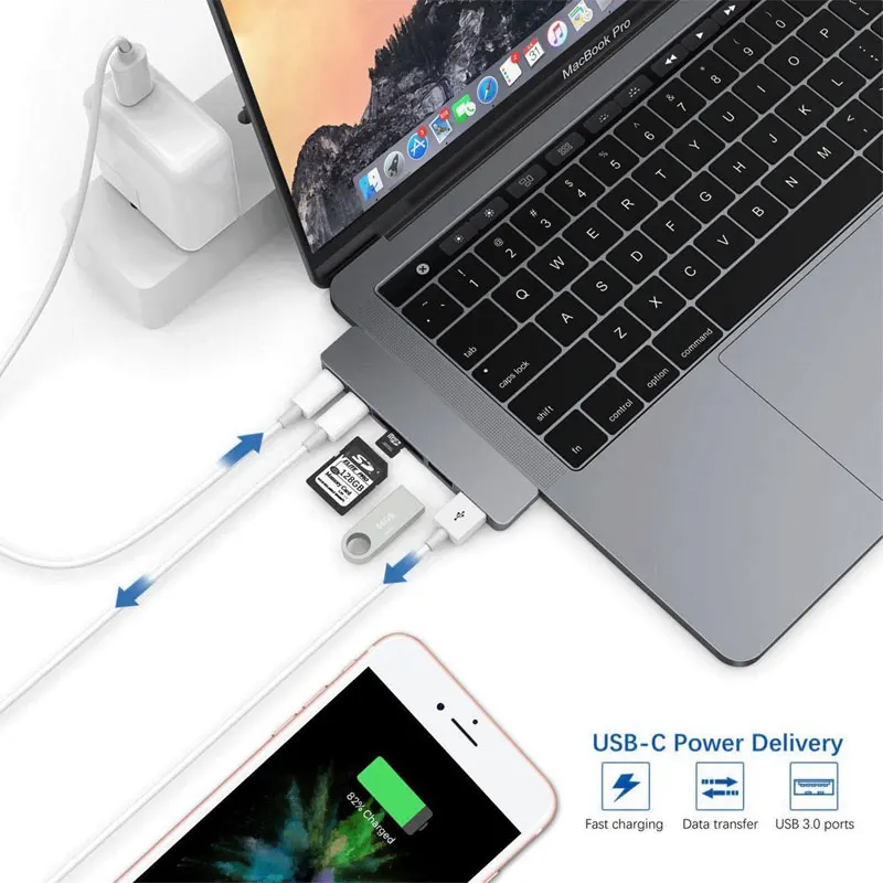 USB C концентратор type Thunderbolt 3 док-станция 6 в 1 USB-C адаптер Dongle Combo с 0 портами TF слот