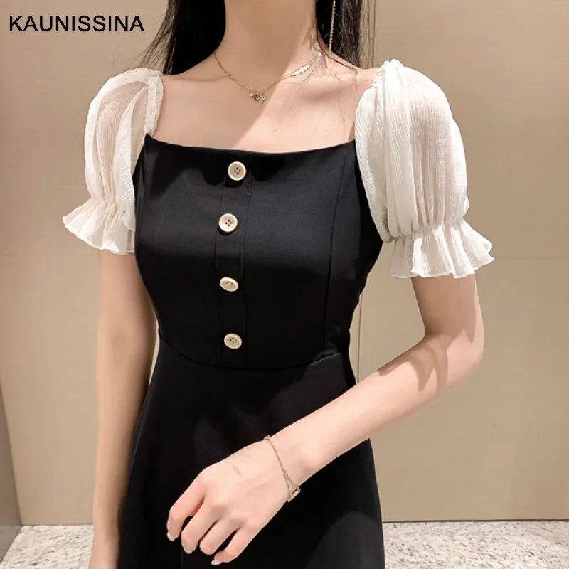 KAUNISSINA летнее коктейльное платье с коротким рукавом черные вечерние платья