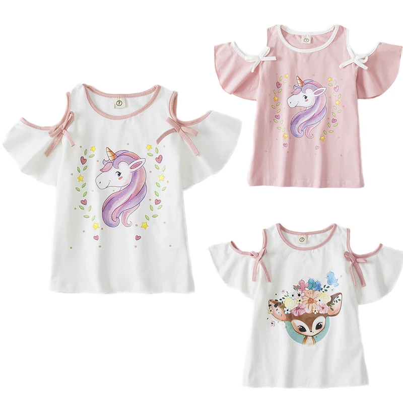 

2021 New Girls Tops Kids ClothesSummer 1-6 years Girls Cotton T-shirt Unicornio Cartoon Print Short-sleeve Children Clothing