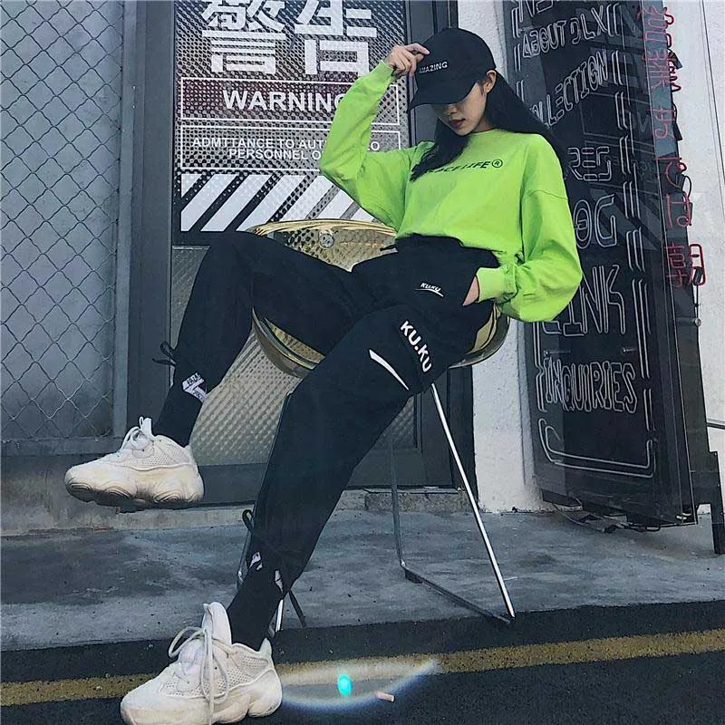 

Overall Women's Loose-Fit BF Harajuku Hong Kong Style High-waisted Casual Pants Students INS Athletic Pants Hip Hop Beam