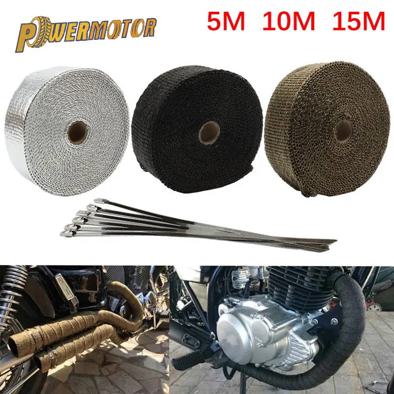 Motorcycle Exhaust Heat Wrap Muffler Thermal Tape Car Universal 5cm 5m 10m 15m Stainless Ties Dirt Bike Motocross Modified Parts