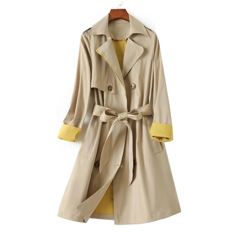 

Spring Autumn Women's Trench Coat 2022 New Khaki Double-Breasted Long Windbreakers Female Tops Slim Large Size Women Basic Coats