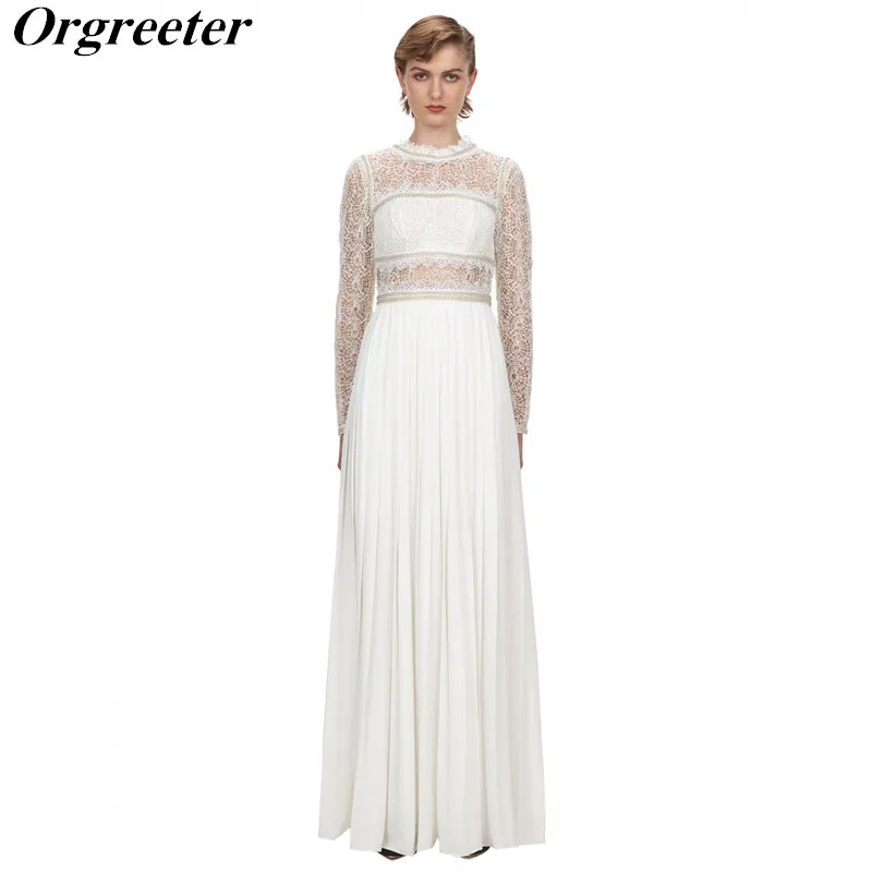 Женское длинное шифоновое платье Автопортрет Белое Кружевное Платье макси с