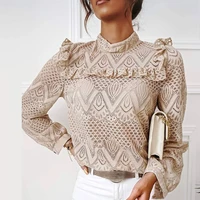 elegant womens shirt lace ruffles long sleeved hollow out pullover top spring fall elastic party round neck blouse clothes