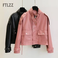motorcycle biker jacket women korean street punk leather coat ladies big pocket zipper pink leather jacket female pvc outwear