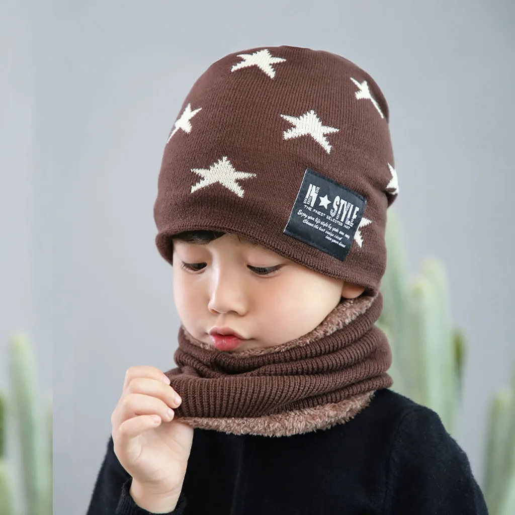 

Hat Child Fleece Contrast Colors Knitted Warm Winter Hats For Kid Hat+Scarf Two Piece Set Cap For Babies