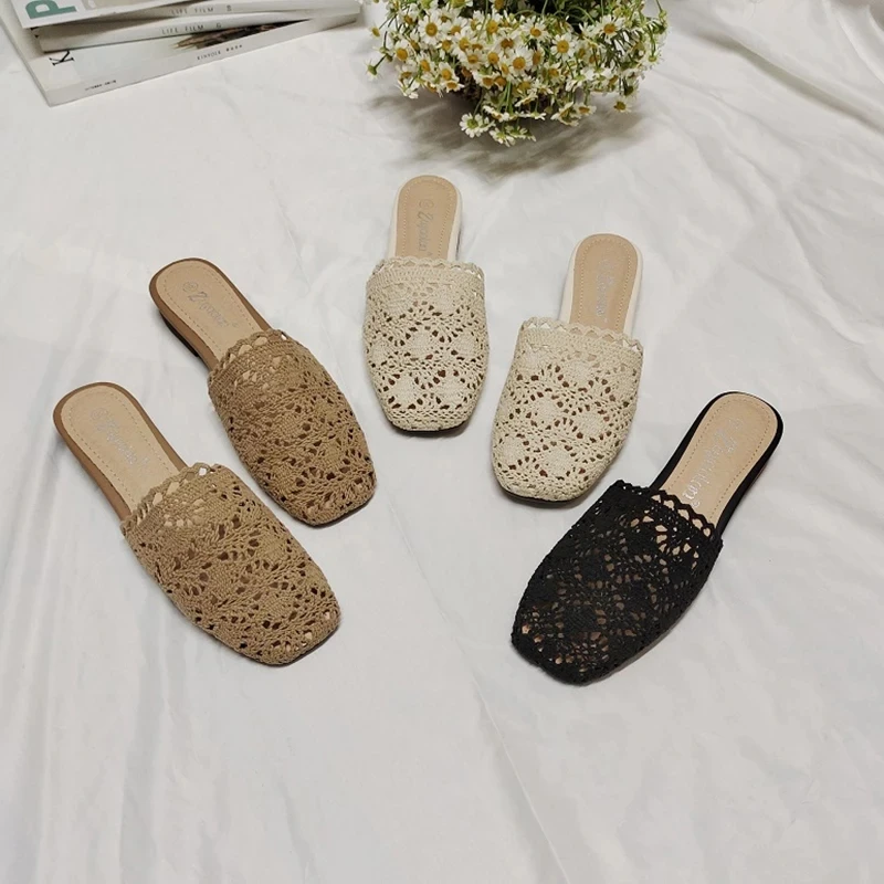 

Sandals women slippers Lace Cover Toe Low Slippers Flat Loafers Luxury Slides Pantofle Fretwork Heels Designer Summer New