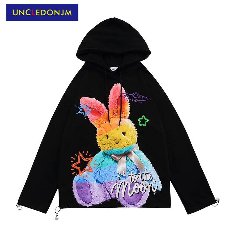 

UNCLEDONJM Funy Rainbow Bunny Print Hoodie Hip Hop Streetwear Cartoon Hoodies Men Couple Casual Fleece Thick Hoodies 5212