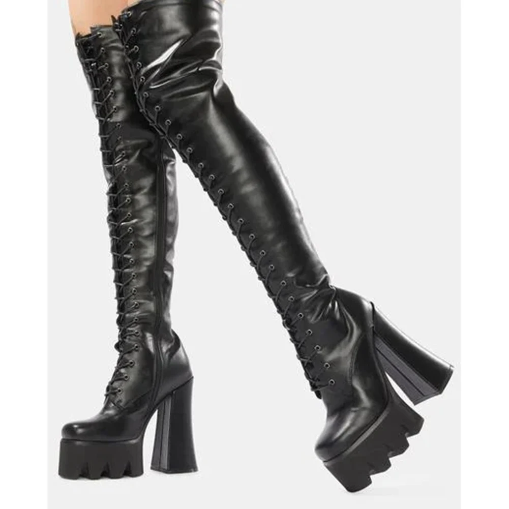 

BONJOMARISA Brand Design New Platform Chunky high-heeled Gothic Knee High Boots Women 2021 Lace Up Trendy Leisure Shoes Woman