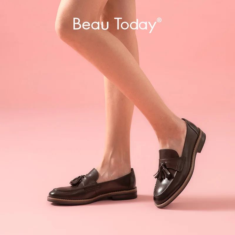 Женские лоферы без застежки BeauToday из натуральной коровьей кожи бахромы с круглым