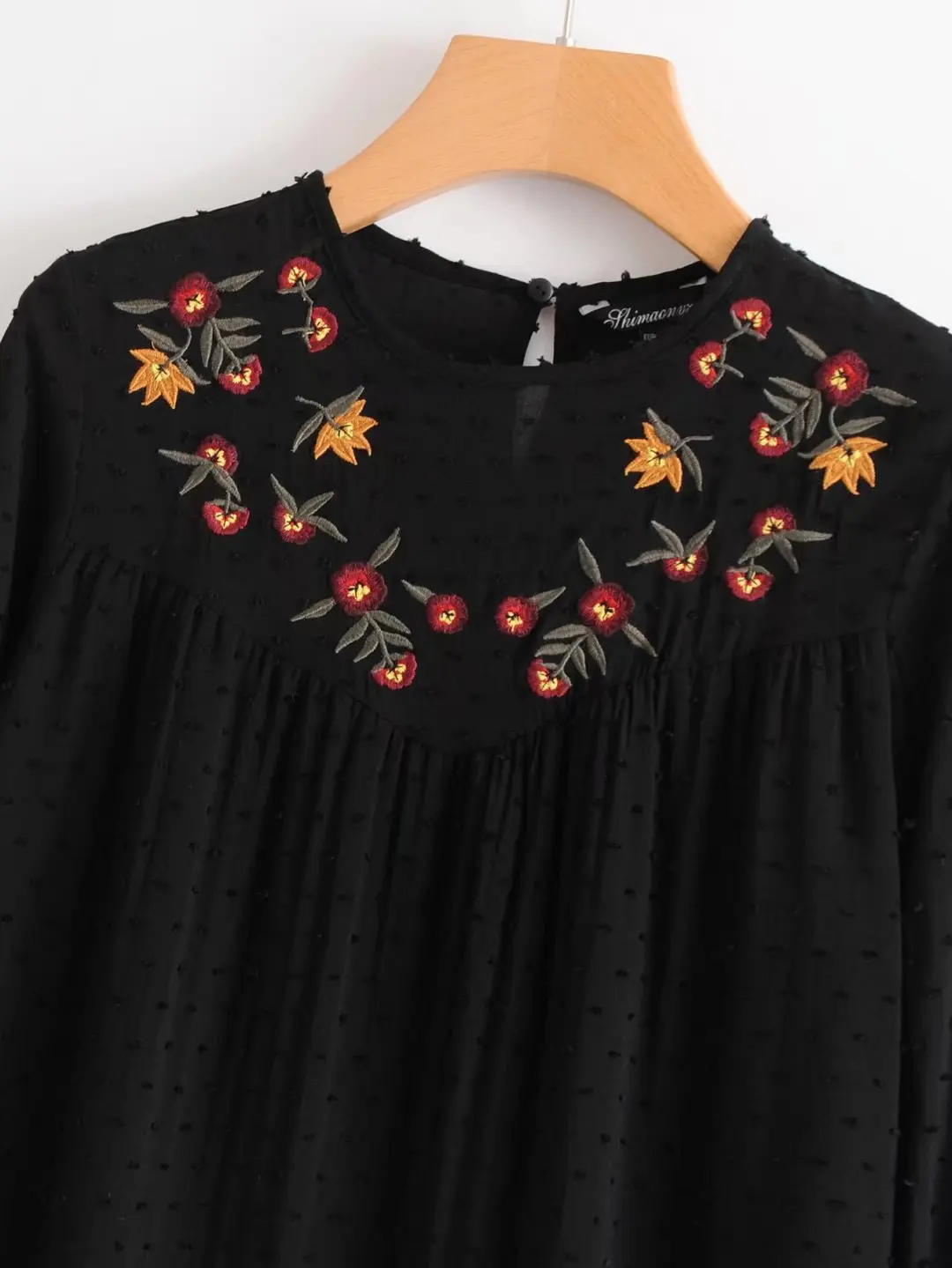 Женские милые рубашки с цветочной вышивкой и круглым вырезом винтажная черная