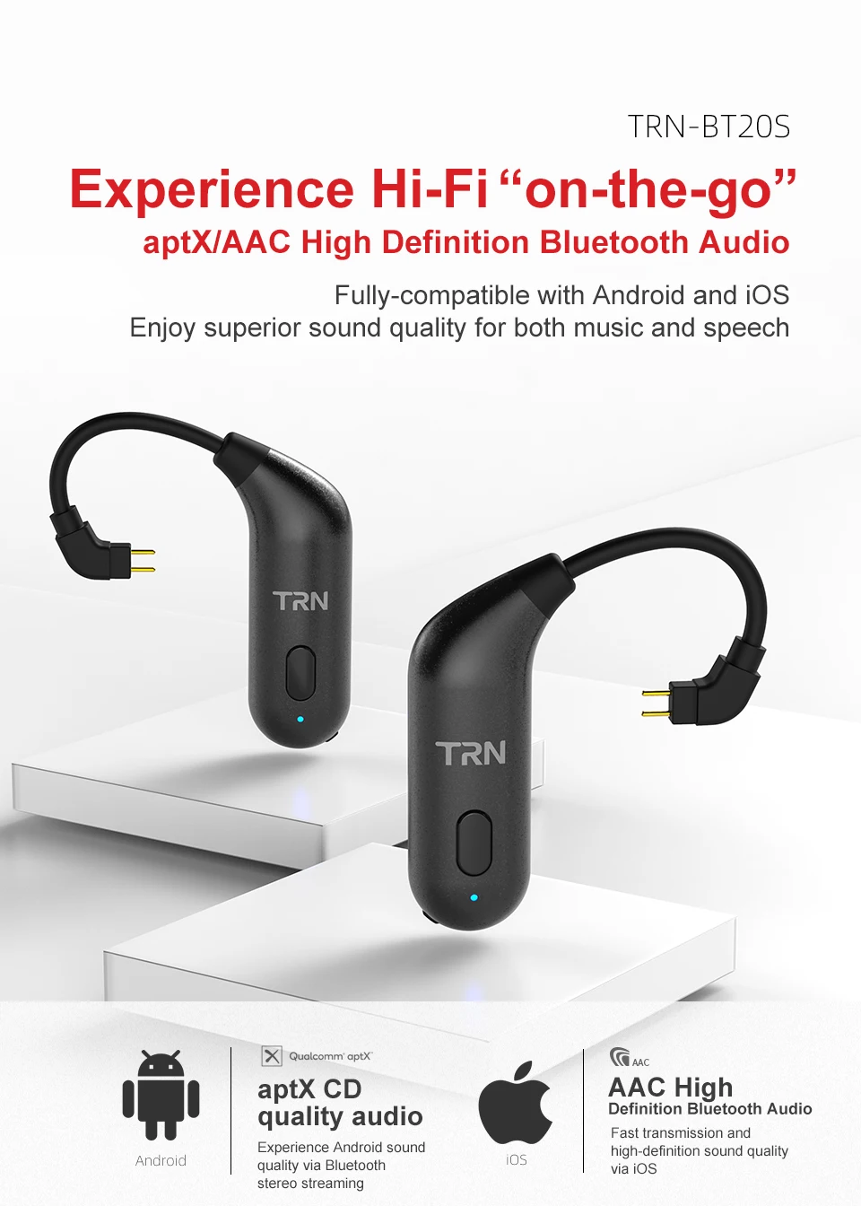 TRN BT20S беспроводной HDMI Bluetooth 5,0 ушной крючок HIFI наушники 2PIN/разъем MMCX для TRN X6/IM1/IM2/V80/v30