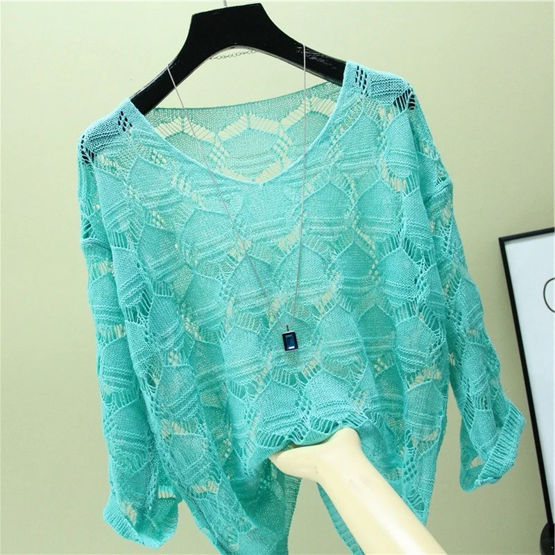 

Knitted Hollow Long-Sleeved Pullover Blouse Women Summer Sexy Green Fashion See-Through Oversized Jumpers Harajuku Streetwear